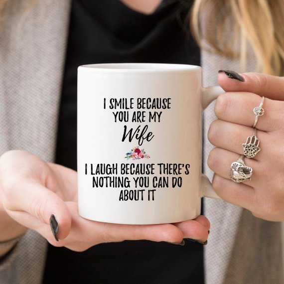 A beautifully designed white ceramic mug for wives, featuring a heartfelt anniversary message printed on both sides, perfect for daily use.