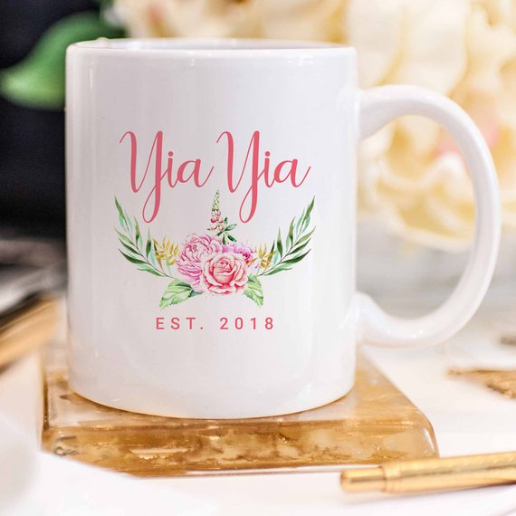 Yia Yia coffee mug featuring a beautiful design, crafted from high-grade ceramic, perfect for grandmothers.