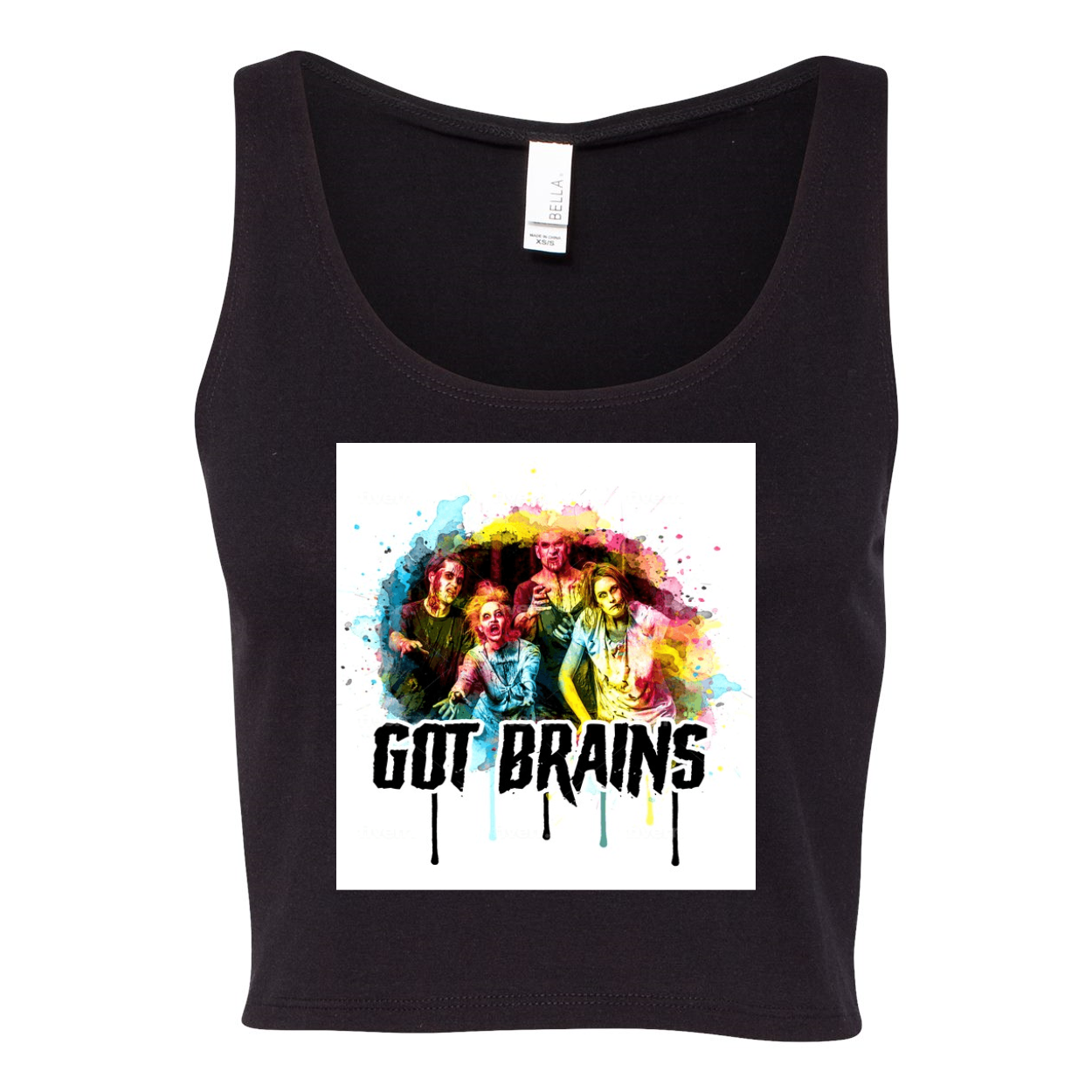 Humorous Zombie Got Brains Women's Crop Tank Top featuring a playful graphic design on a soft fabric.