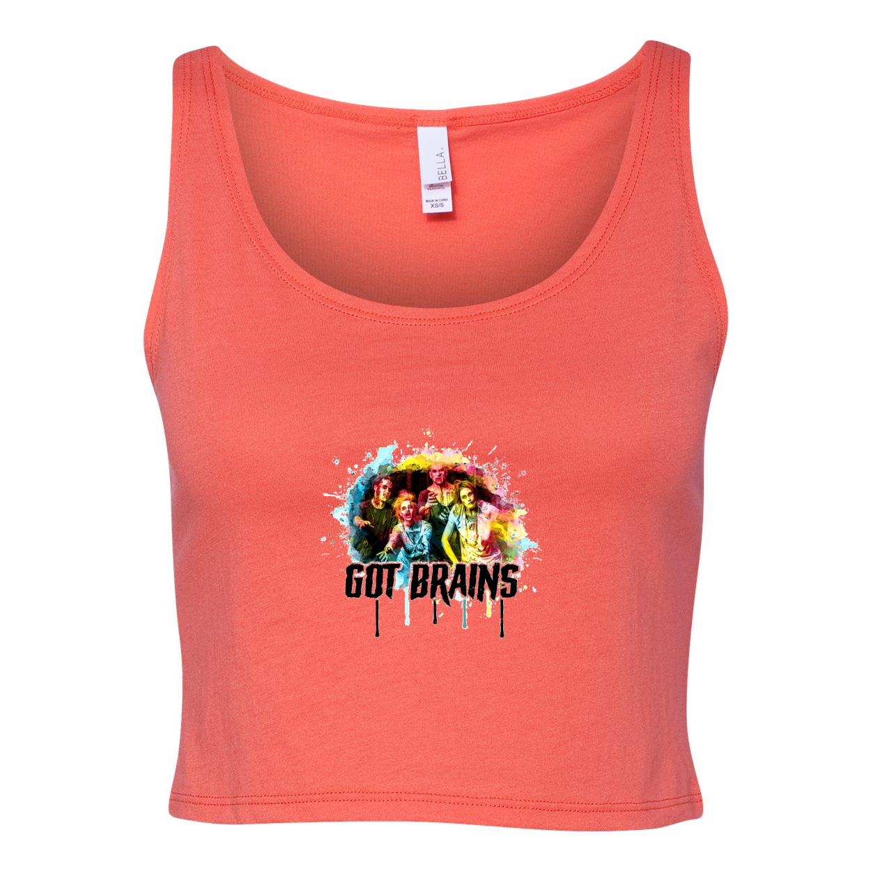 Humorous Zombie Got Brains Women's Crop Tank Top featuring a playful graphic design on a soft fabric.