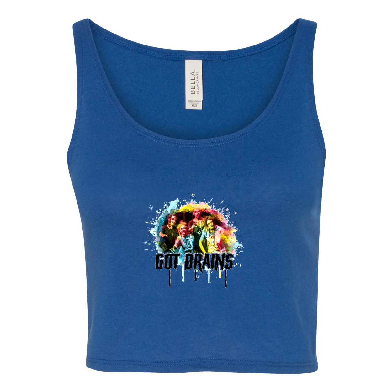 Humorous Zombie Got Brains Women's Crop Tank Top featuring a playful graphic design on a soft fabric.