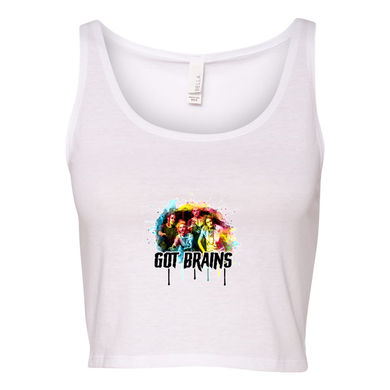 Humorous Zombie Got Brains Women's Crop Tank Top featuring a playful graphic design on a soft fabric.