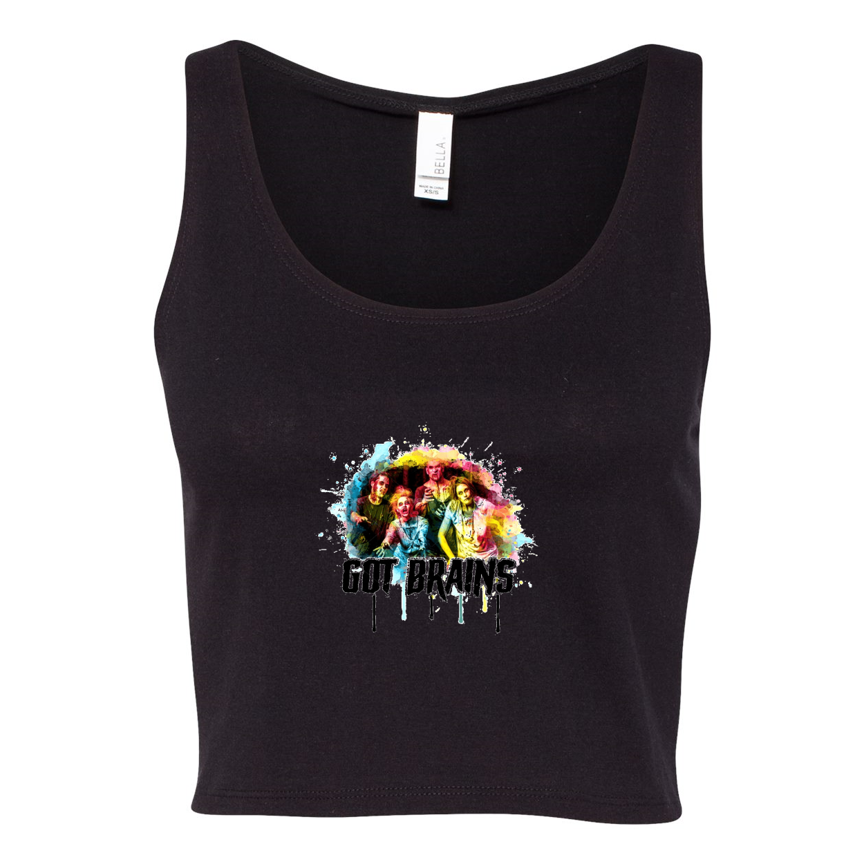 Humorous Zombie Got Brains Women's Crop Tank Top featuring a playful graphic design on a soft fabric.