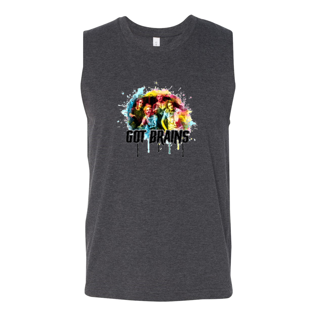 Zombie Got Brains Men's Muscle Tank in dark grey, showcasing a fun graphic design and comfortable fit.