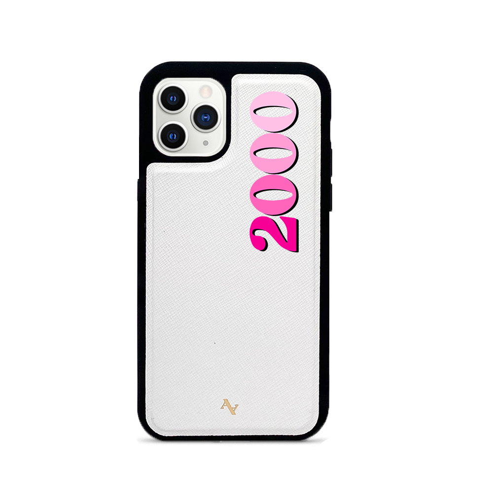 Stylish white leather case for iPhone 11 Pro with rubber rim, showcasing personalization options.