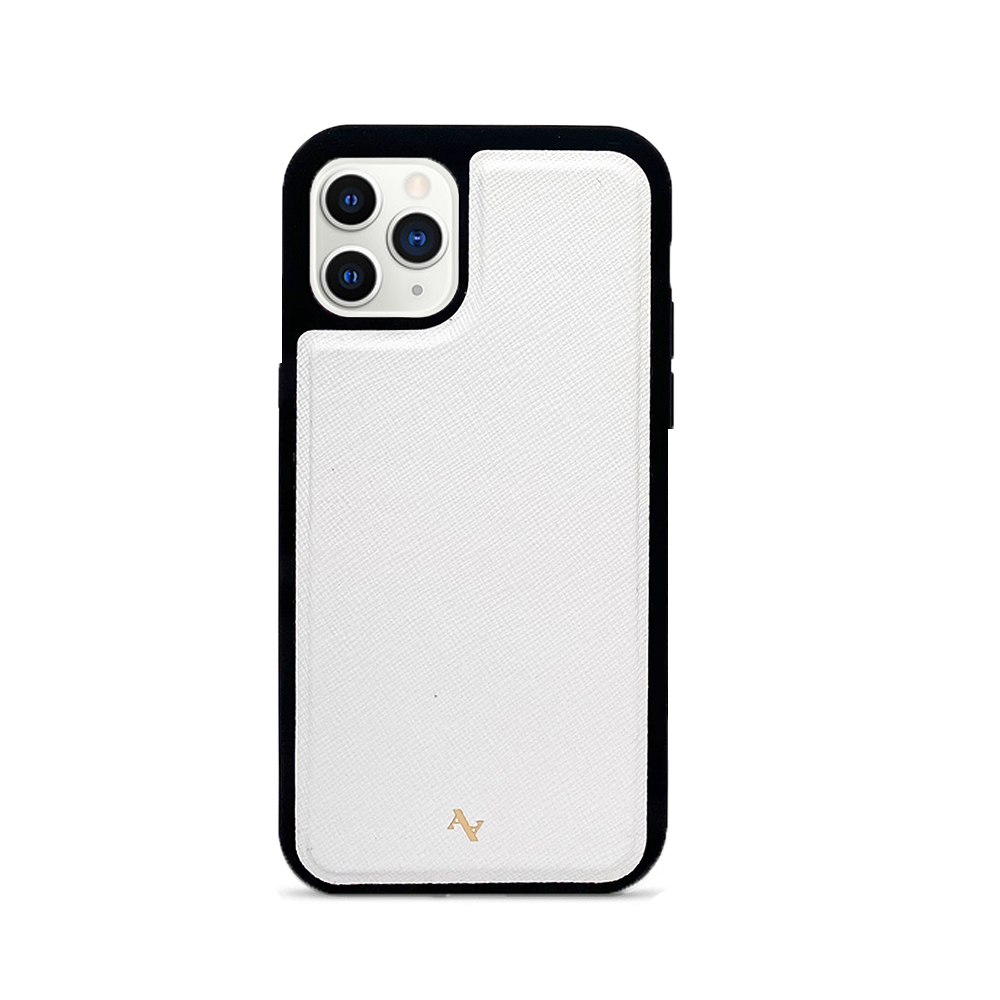 Stylish white leather case for iPhone 11 Pro with rubber rim, showcasing personalization options.