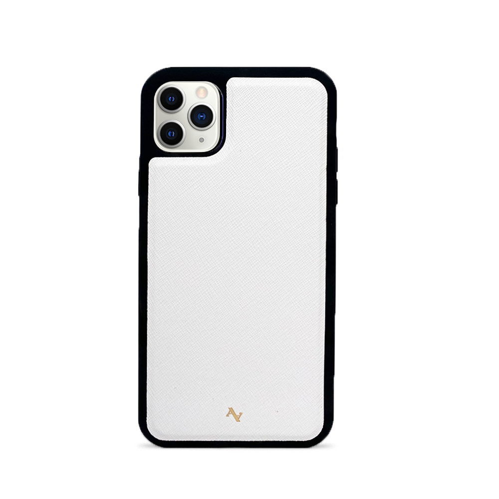 Stylish white leather case for iPhone 11 Pro Max with saffiano texture and rubber rim, showcasing personalization options.