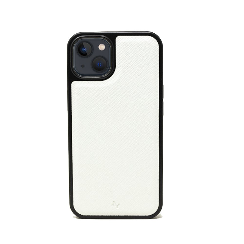 Stylish white vegan leather case for iPhone 13 with soft rubber edges and personalization options.