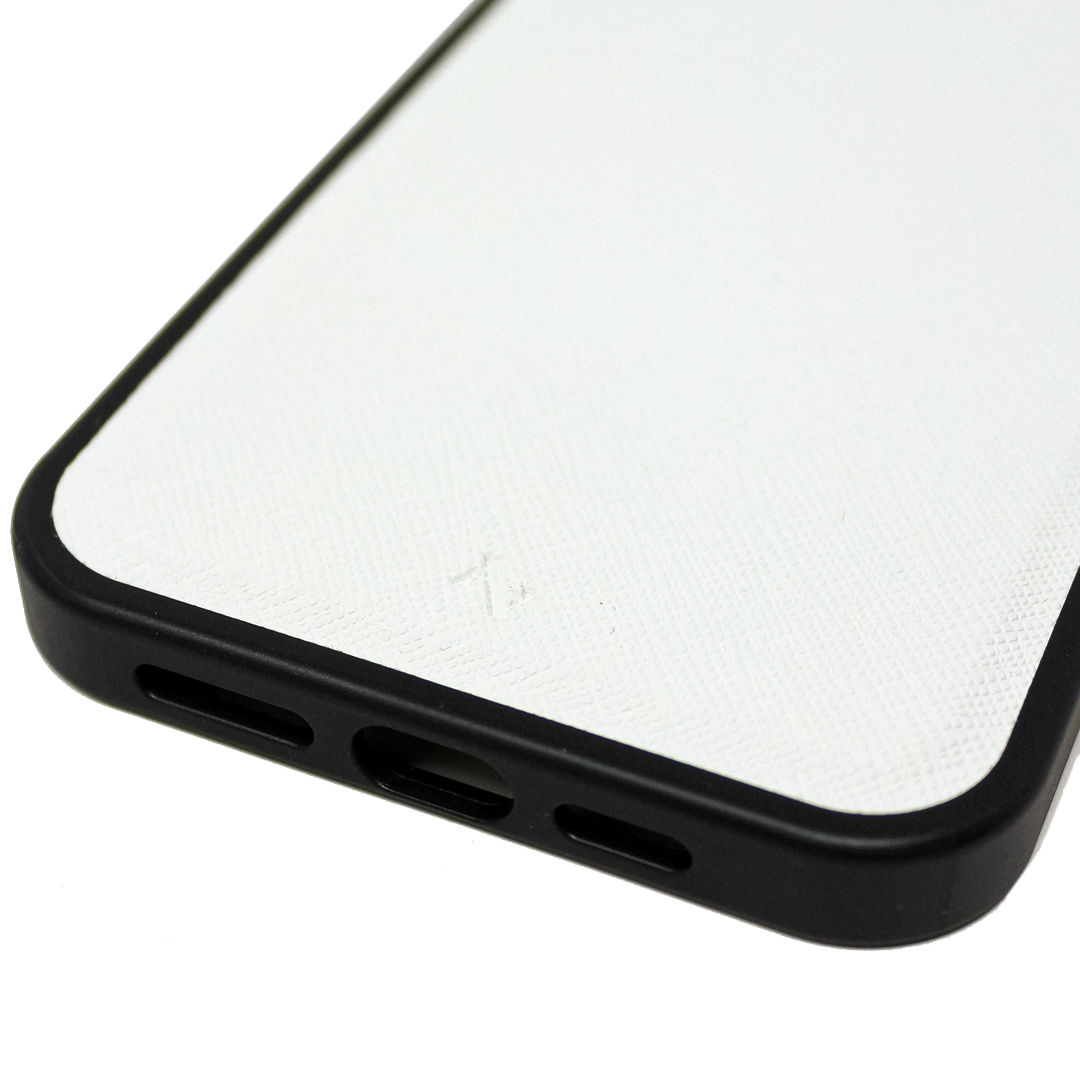 Stylish white vegan leather case for iPhone 13 with soft rubber edges and personalization options.