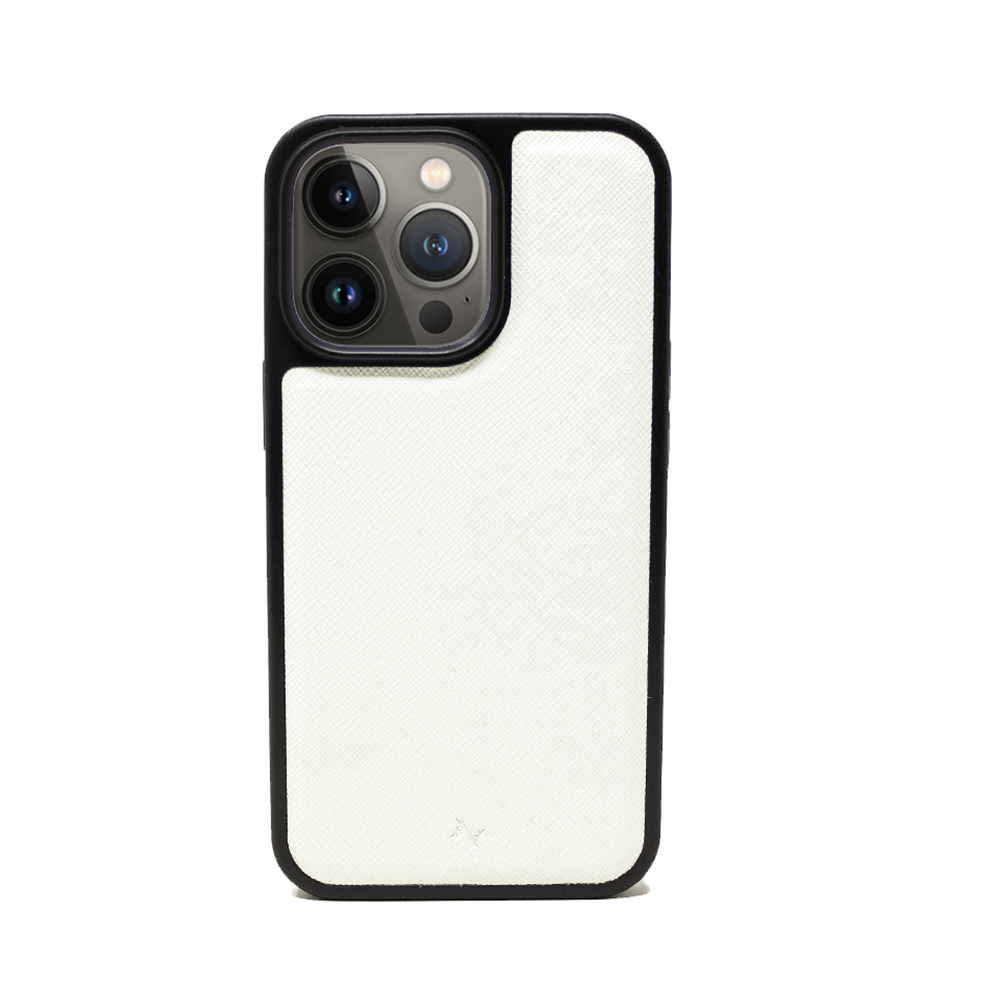 Stylish white vegan leather case for iPhone 13 Pro with soft rubber rim and personalization options.