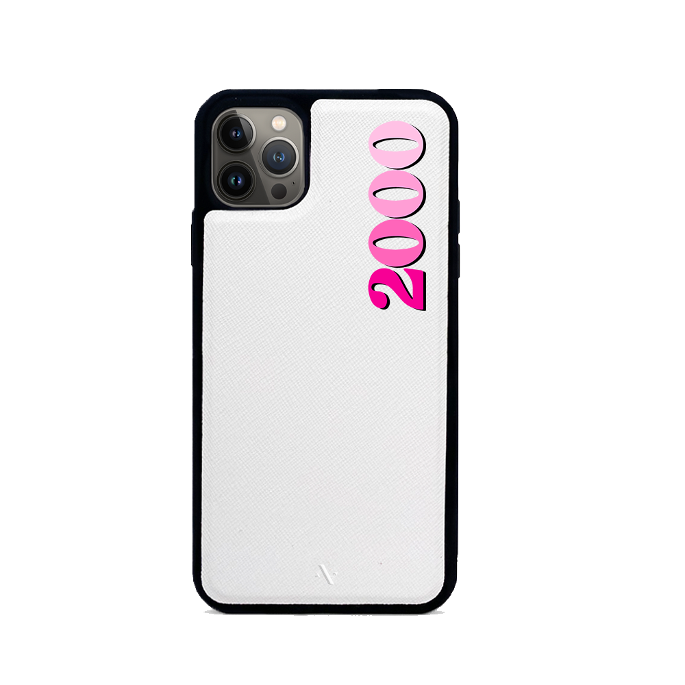 Stylish white vegan leather case for iPhone 13 Pro Max with soft rubber rim and personalization options.