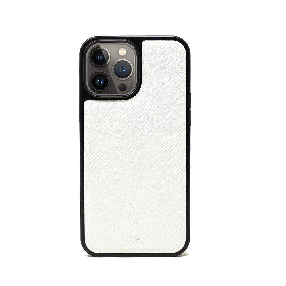 Stylish white vegan leather case for iPhone 13 Pro Max with soft rubber rim and personalization options.