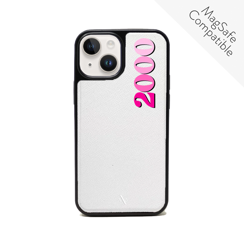 Stylish white vegan leather case for iPhone 14 Plus with soft rubber edges and personalized monogram options.