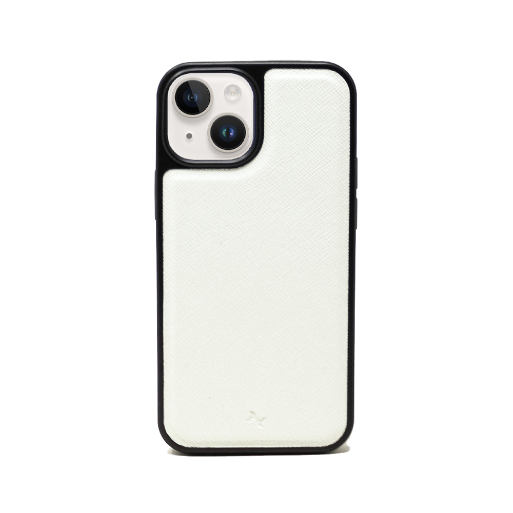 Stylish white vegan leather case for iPhone 14 Plus with soft rubber edges and personalized monogram options.