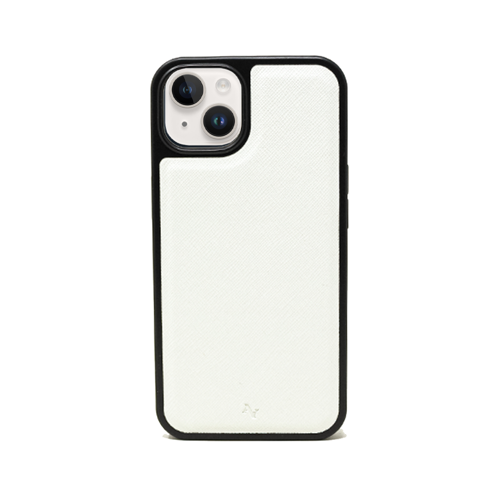 Stylish white vegan leather case for iPhone 14 Plus with soft rubber edges and personalized monogram options.