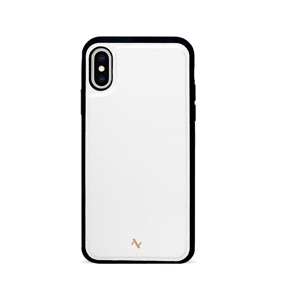 Stylish white leather case for iPhone X/XS with soft rubber rim and customizable monogram options.