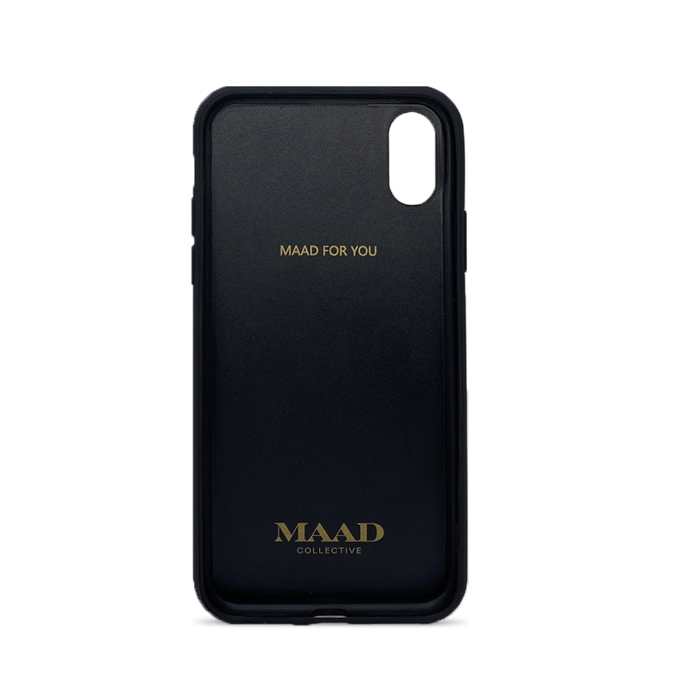 Stylish white leather case for iPhone X/XS with soft rubber rim and customizable monogram options.