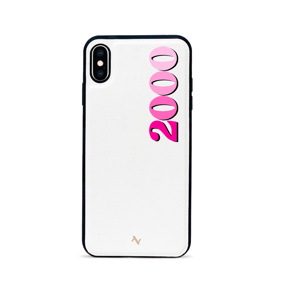 Stylish white leather case for iPhone XS MAX with soft rubber rim, showcasing personalization options.