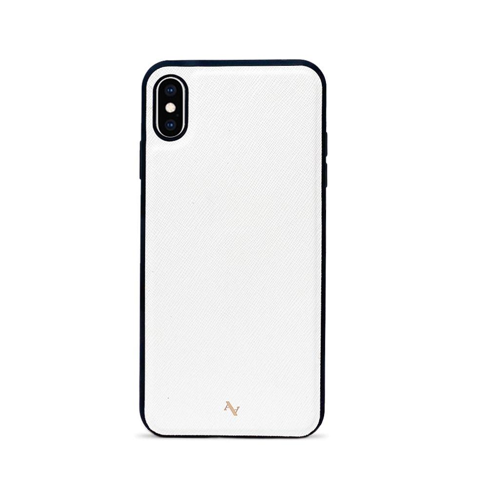 Stylish white leather case for iPhone XS MAX with soft rubber rim, showcasing personalization options.