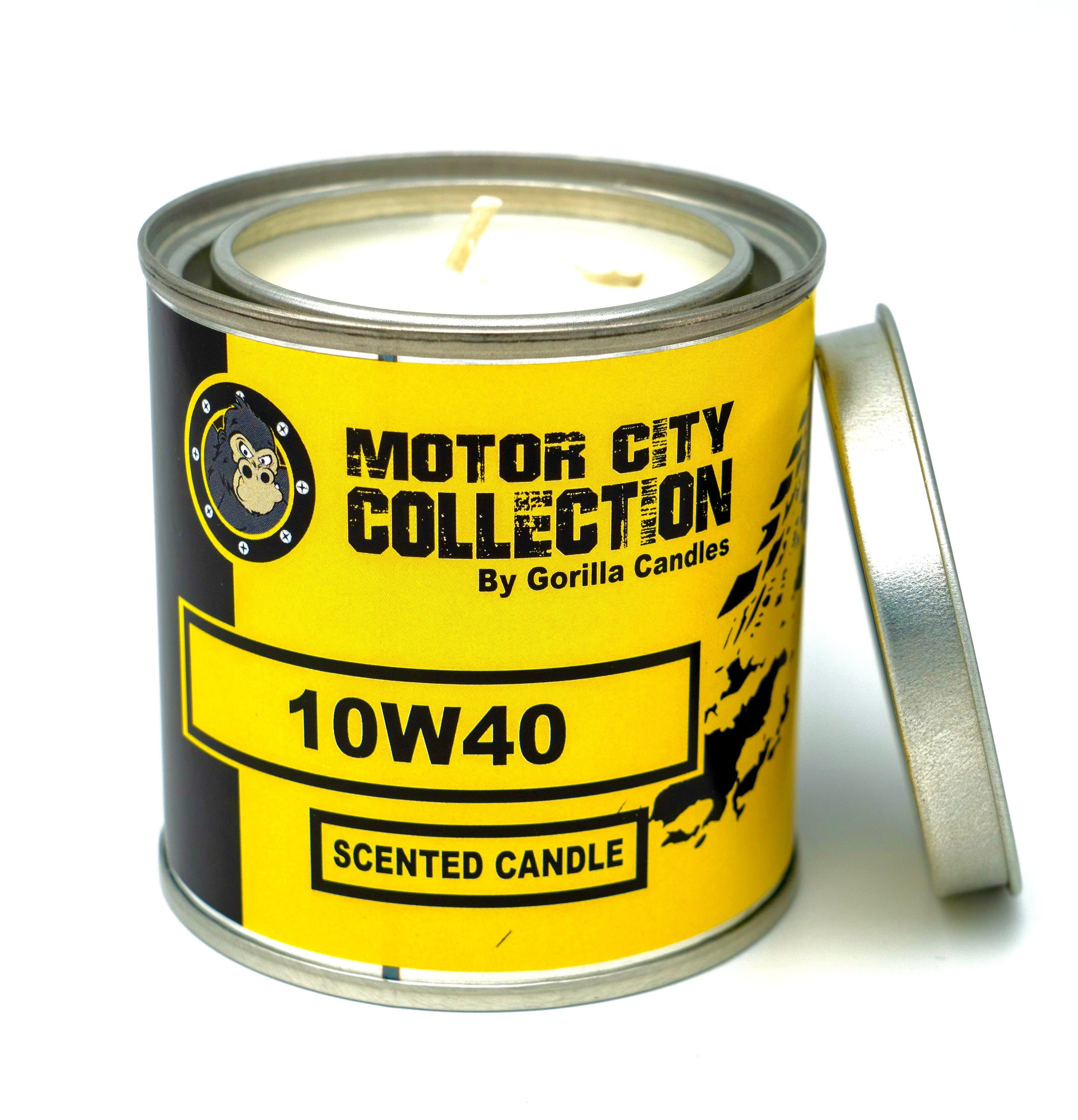 8-ounce jar of 10W-40 Motor Oil Scented Soy Wax with a lid, showcasing its unique fragrance.