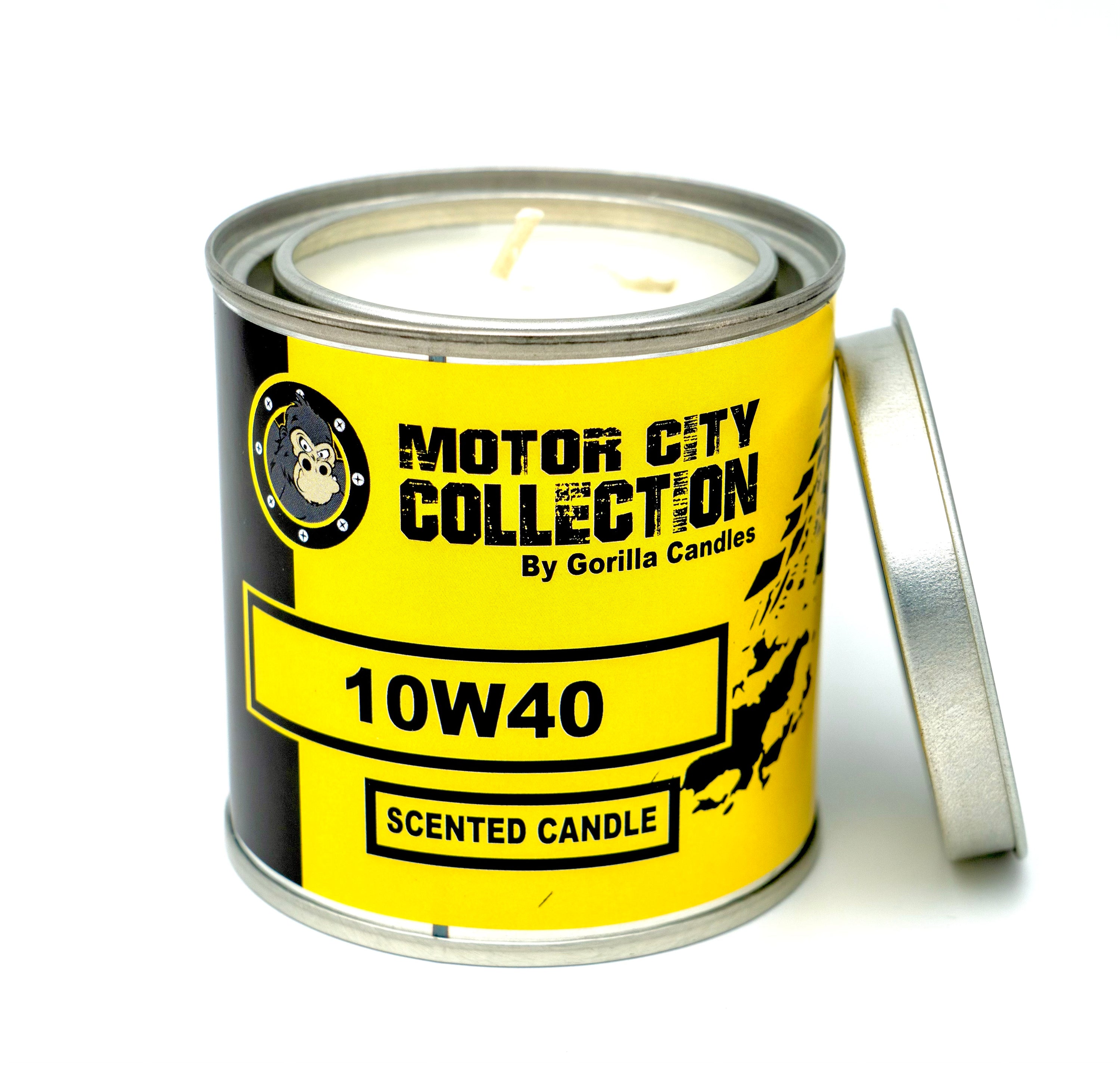 8-ounce jar of 10W-40 Motor Oil Scented Soy Wax with a lid, showcasing its unique fragrance.