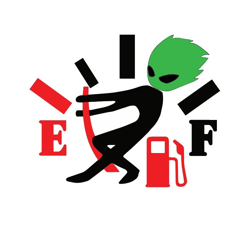 A humorous Stickman Alien vinyl sticker designed for cars, depicting an alien character with a fuel gauge indicating empty, perfect for high gas consumption vehicles.