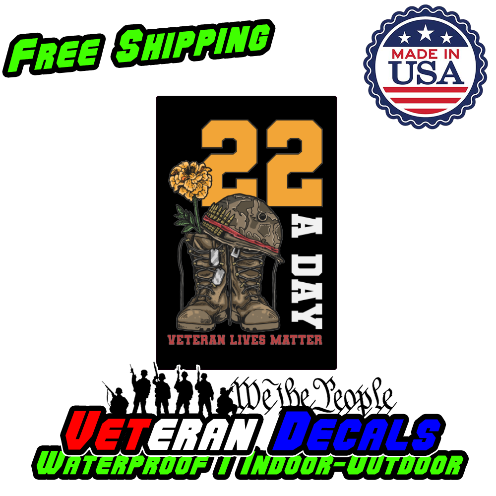 22 A Day Veteran Lives Matter decal sticker on a car, showcasing support for veterans.