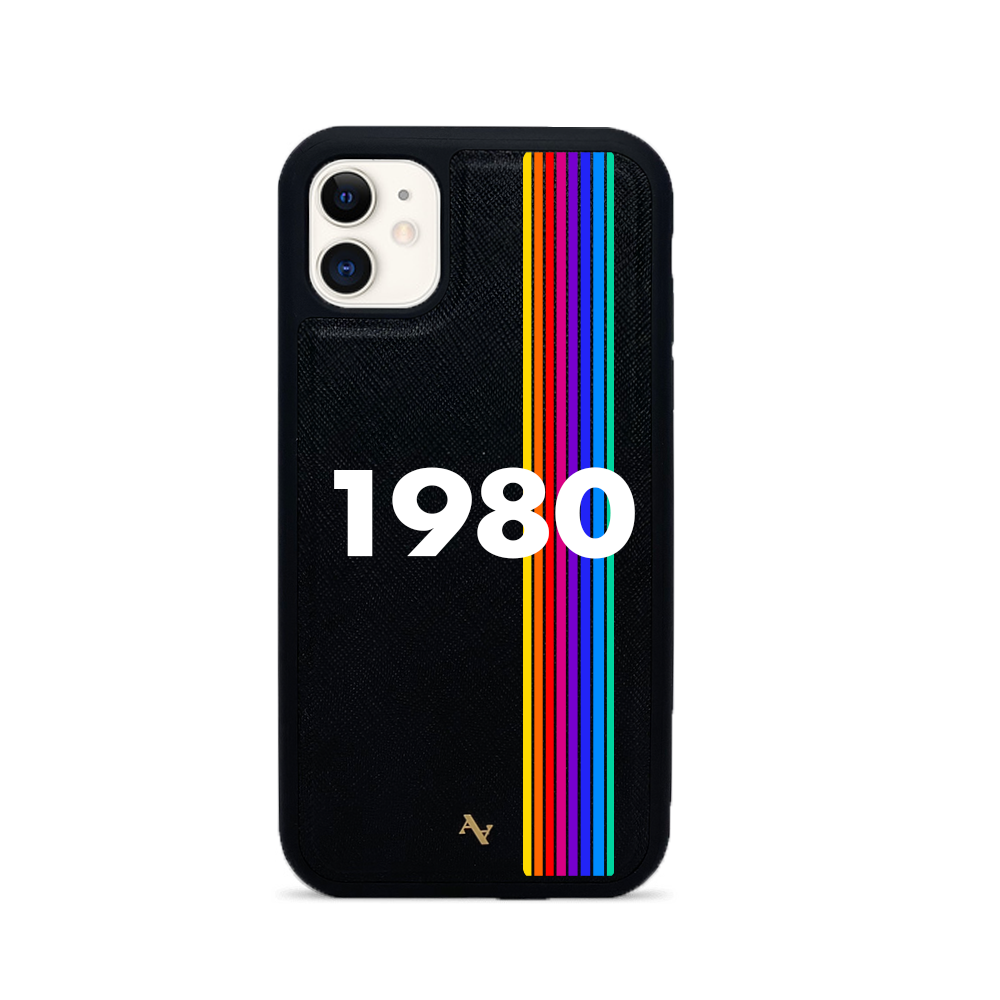 Stylish 80s Black iPhone 11 Leather Case made from vegan saffiano leather with customizable typography and animal print designs.