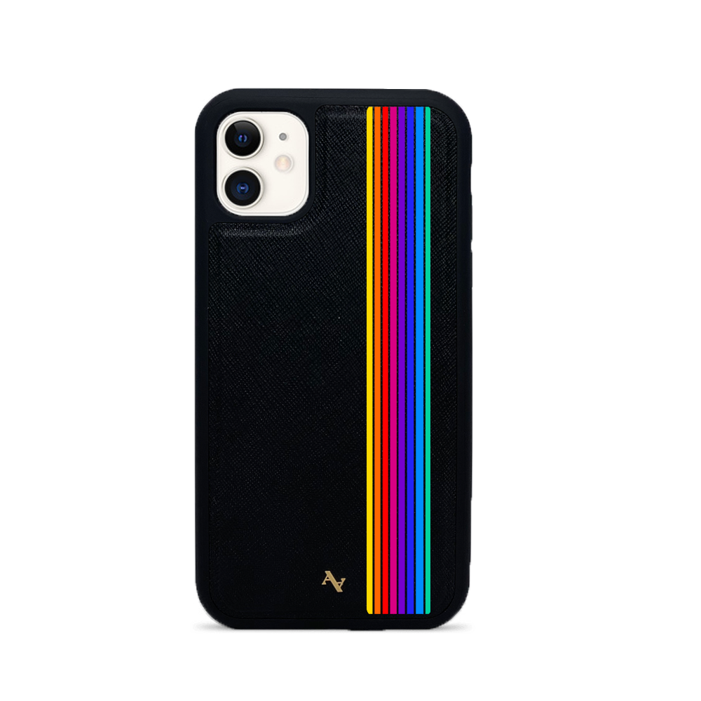 Stylish 80s Black iPhone 11 Leather Case made from vegan saffiano leather with customizable typography and animal print designs.