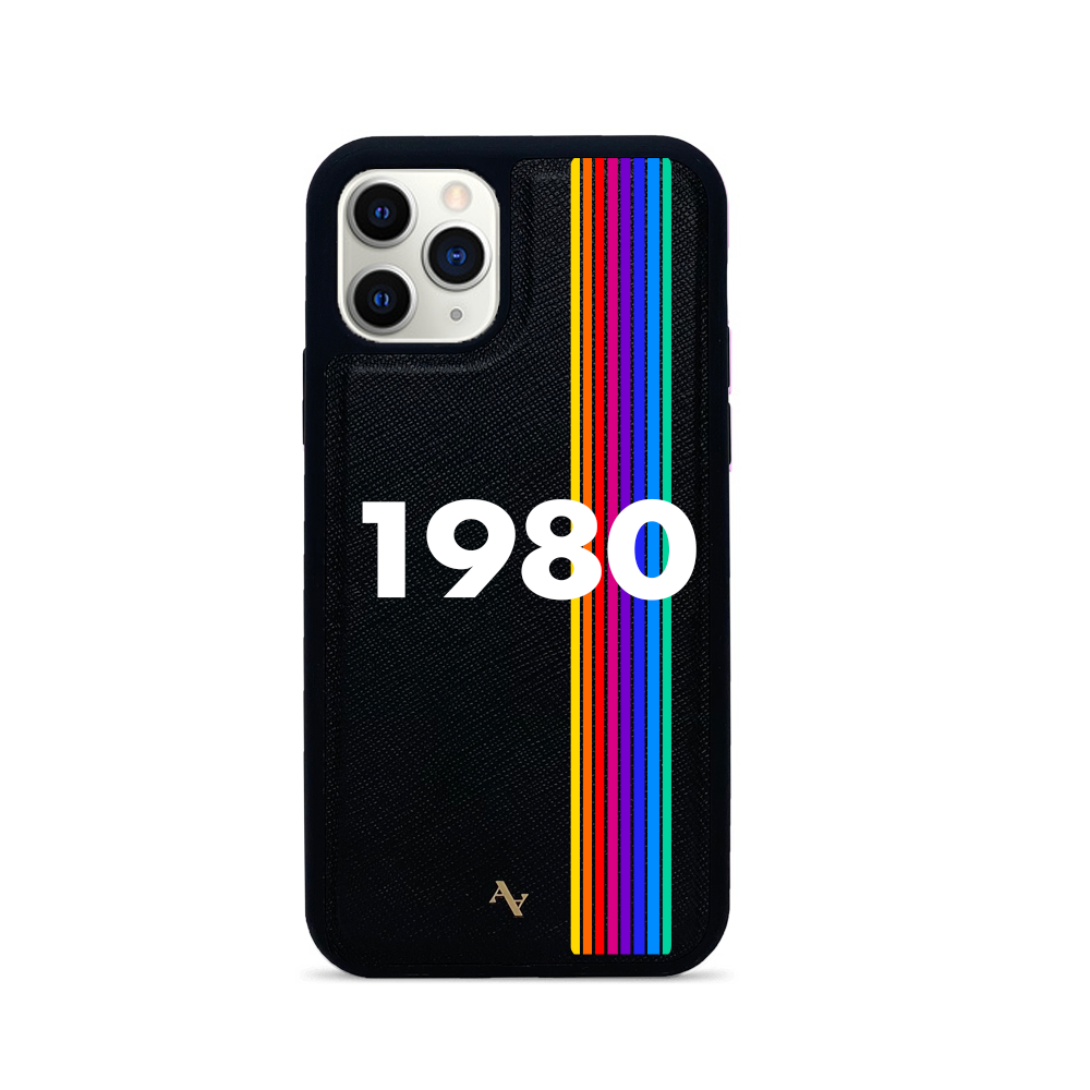 80s Black iPhone 11 Pro Leather Case made from vegan saffiano leather with a soft rubber rim, featuring customizable typography and animal print designs.