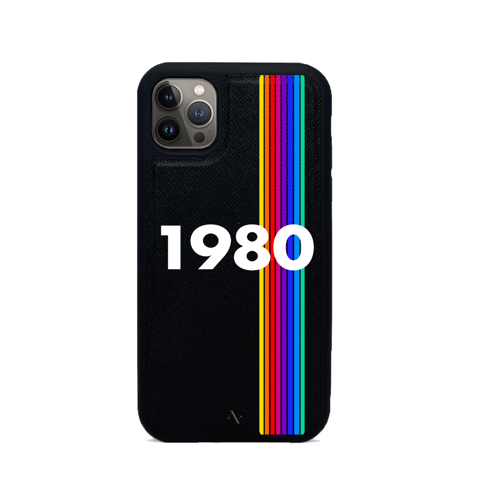 80s Black iPhone 13 Pro Leather Case made from vegan saffiano leather with a soft rubber rim, showcasing personalization options.