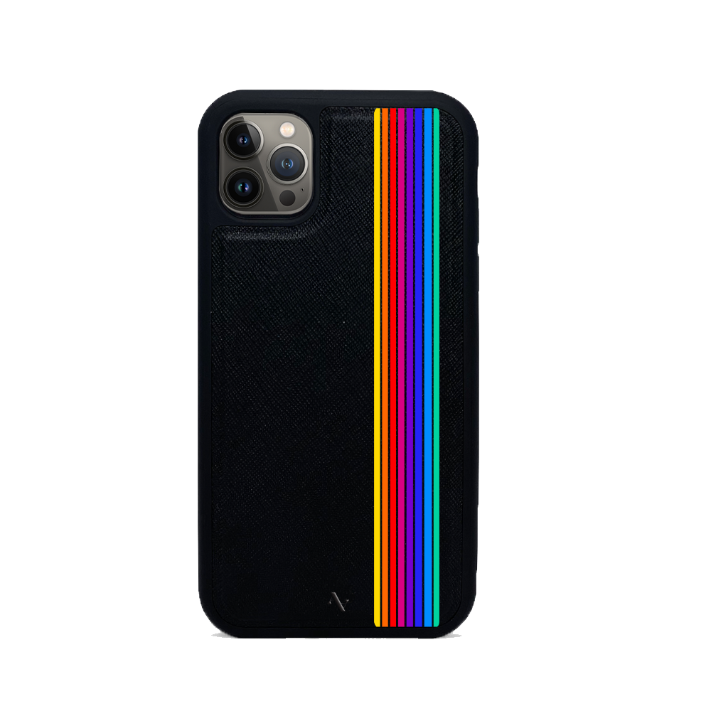 80s Black iPhone 13 Pro Leather Case made from vegan saffiano leather with a soft rubber rim, showcasing personalization options.