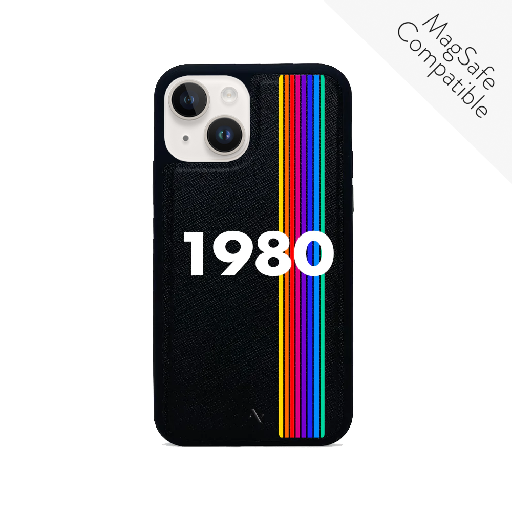 Stylish 80s Black iPhone 14 Leather Case made from vegan saffiano leather with a soft rubber rim.