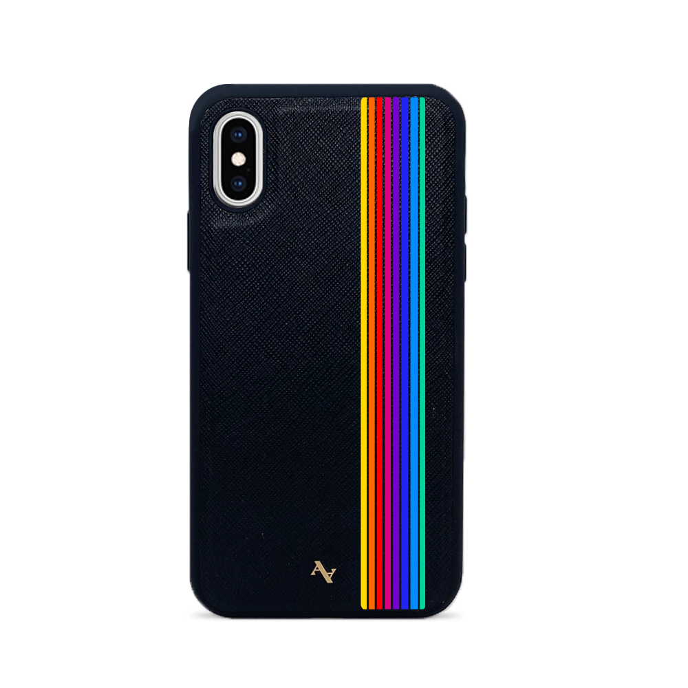 Stylish 80s black leather case for iPhone X/XS with customizable typography and animal print options.