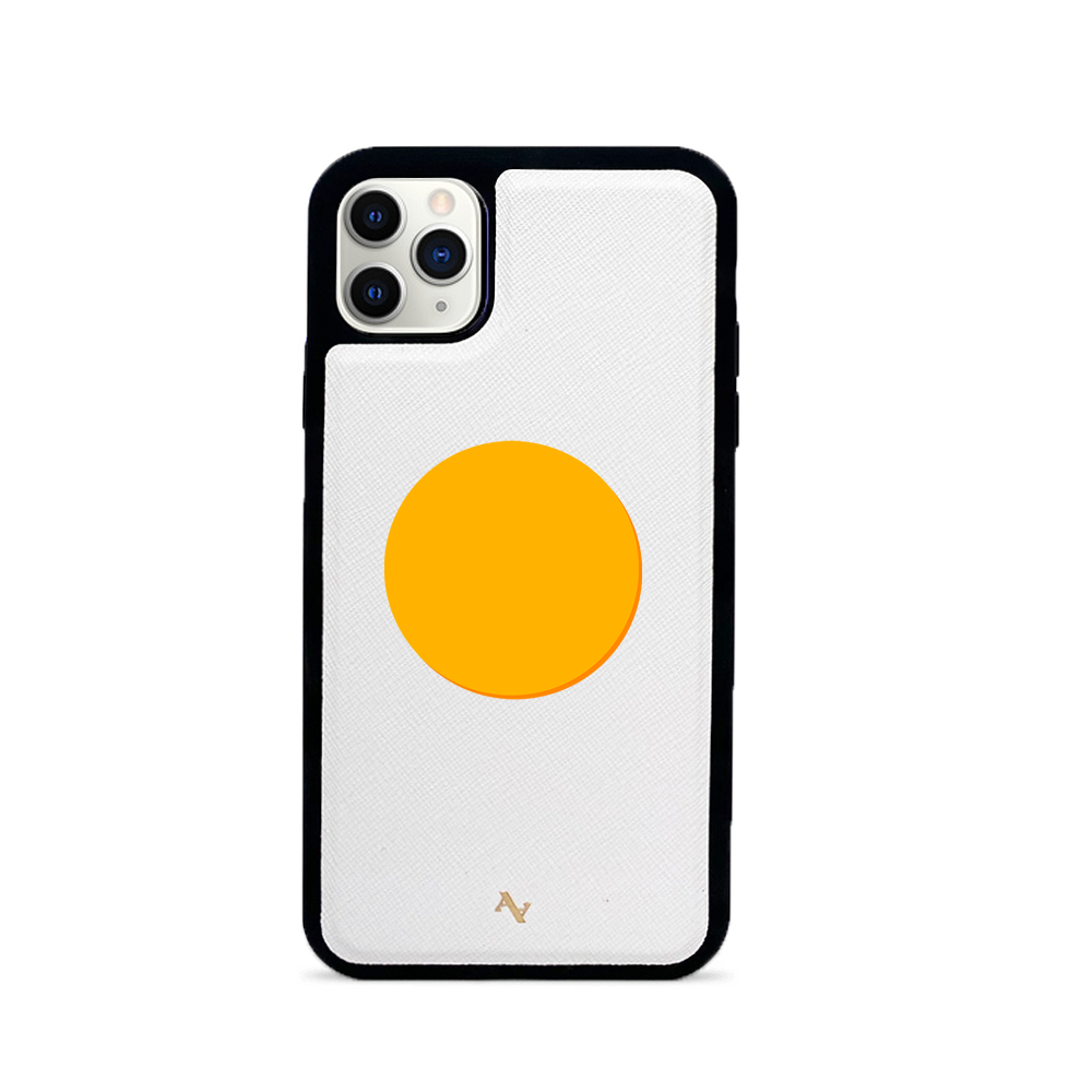 90s White iPhone 11 Pro Max Leather Case with saffiano texture and rubber rim, showcasing personalization options.