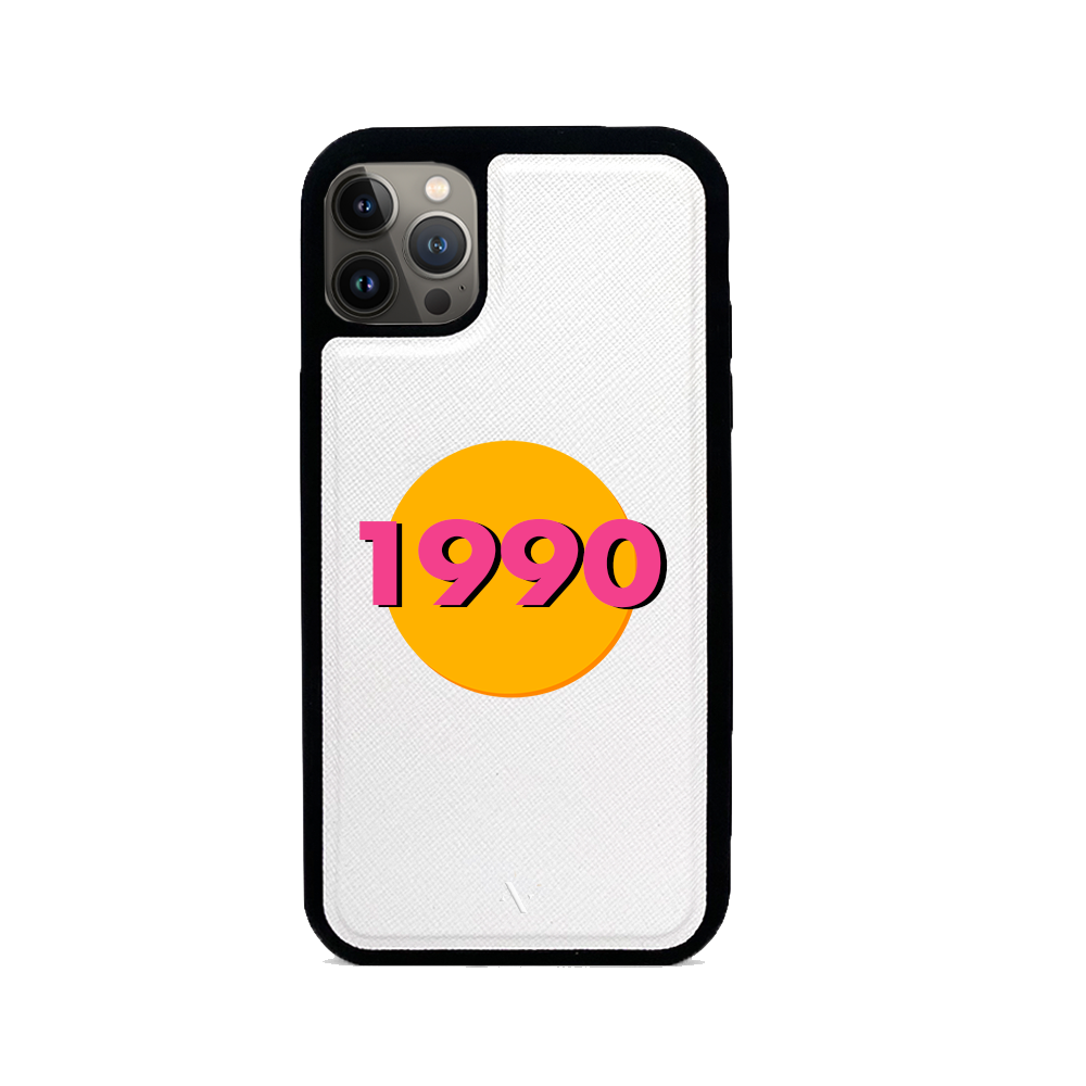 90s White iPhone 13 Pro Leather Case made of vegan saffiano leather with a soft rubber rim, showcasing personalization options.