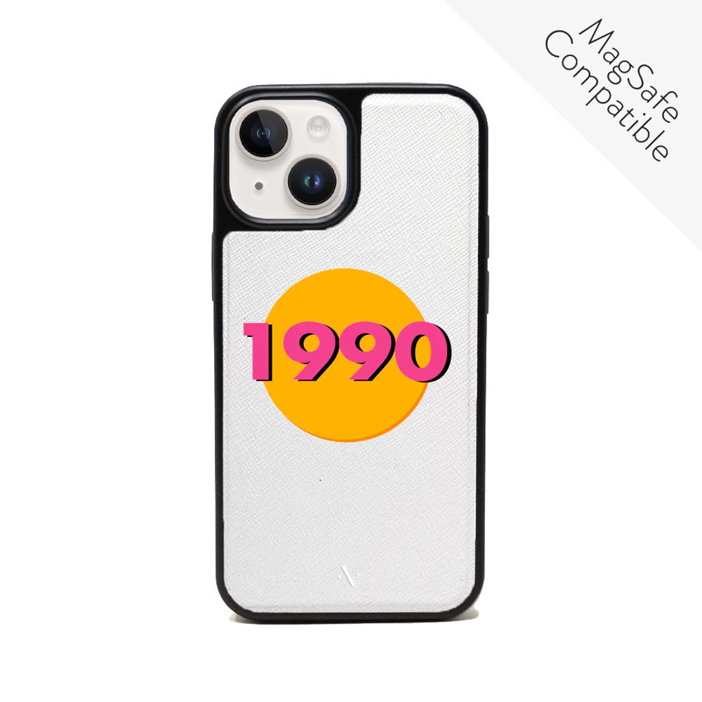 90s White iPhone 14 Leather Case made from vegan saffiano leather with a soft rubber rim, showcasing personalization options.