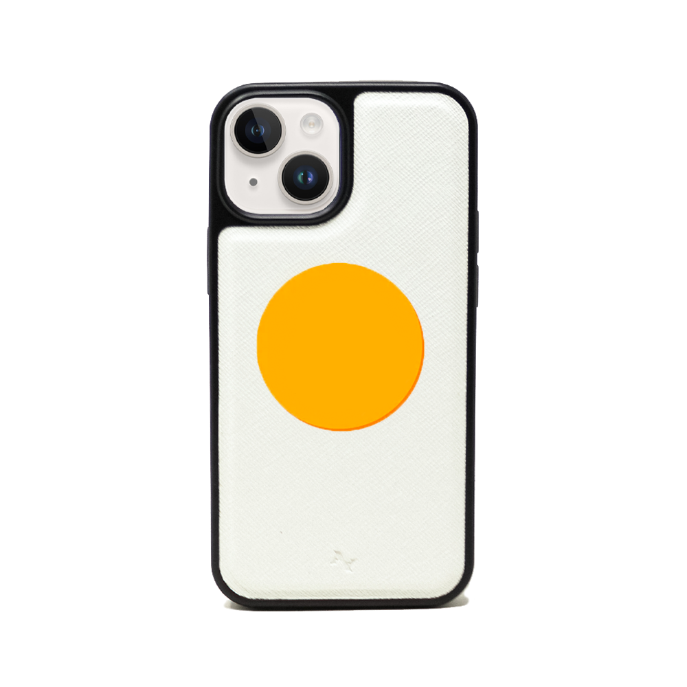 90s White iPhone 14 Leather Case made from vegan saffiano leather with a soft rubber rim, showcasing personalization options.