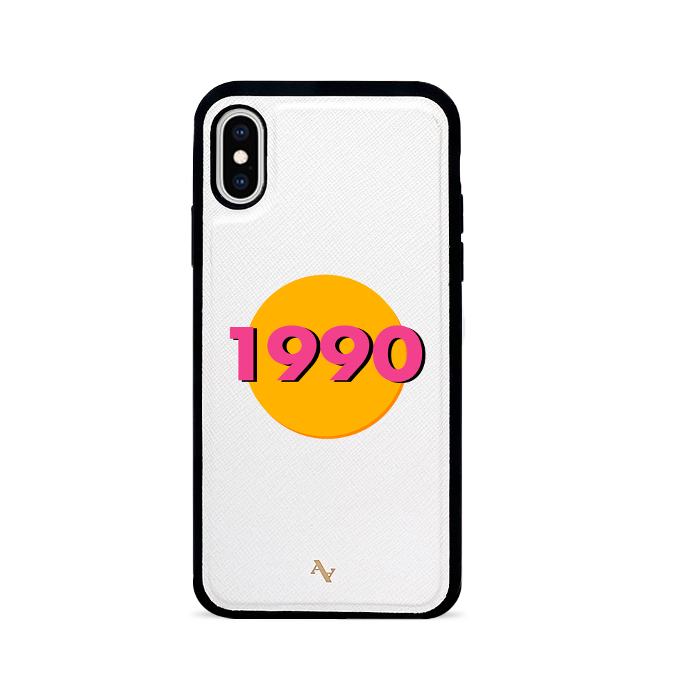 90s White iPhone X/XS Leather Case made of genuine saffiano leather with a soft rubber rim, showcasing personalization options.