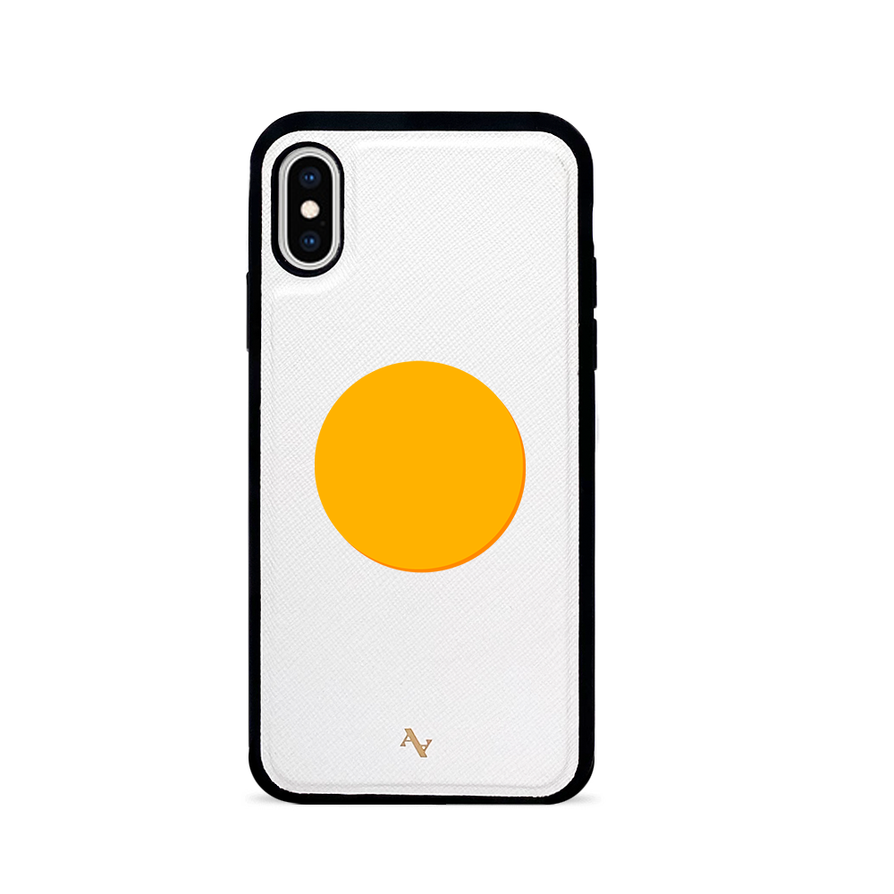 90s White iPhone X/XS Leather Case made of genuine saffiano leather with a soft rubber rim, showcasing personalization options.