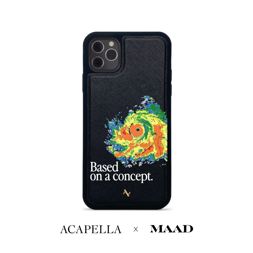 Acapella x MAAD Hurricane Black leather case for iPhone 11 Pro Max, showcasing saffiano leather texture and soft rubber rim.