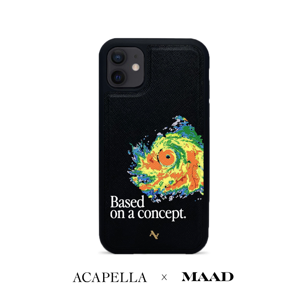 Acapella x MAAD Hurricane Black Leather Case for iPhone 12, featuring saffiano leather and rubber rim for protection.