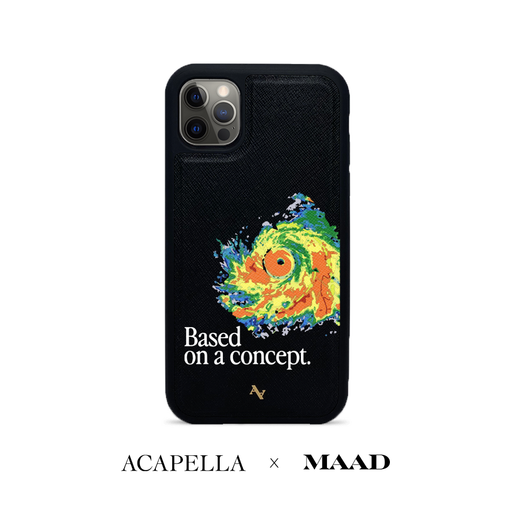 Acapella x MAAD Hurricane Black Leather Case for iPhone 12 Pro, showcasing saffiano leather and rubber rim.