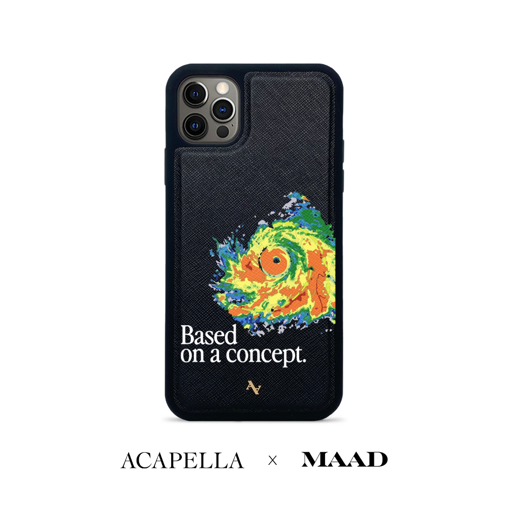 Acapella x MAAD Hurricane leather case for iPhone 12 Pro Max in black, showcasing genuine saffiano leather and customizable design options.