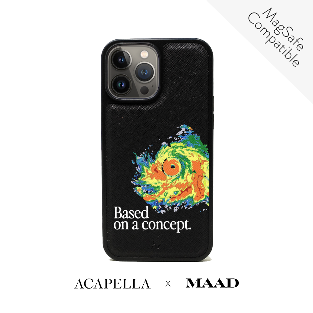 Acapella x MAAD Hurricane Black Leather Case for iPhone 13 Pro Max, showcasing vegan saffiano leather and soft rubber edges.