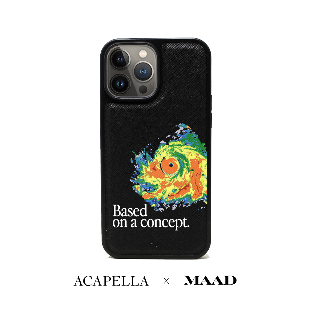 Acapella x MAAD Hurricane Black Leather Case for iPhone 13 Pro Max, showcasing vegan saffiano leather and soft rubber edges.