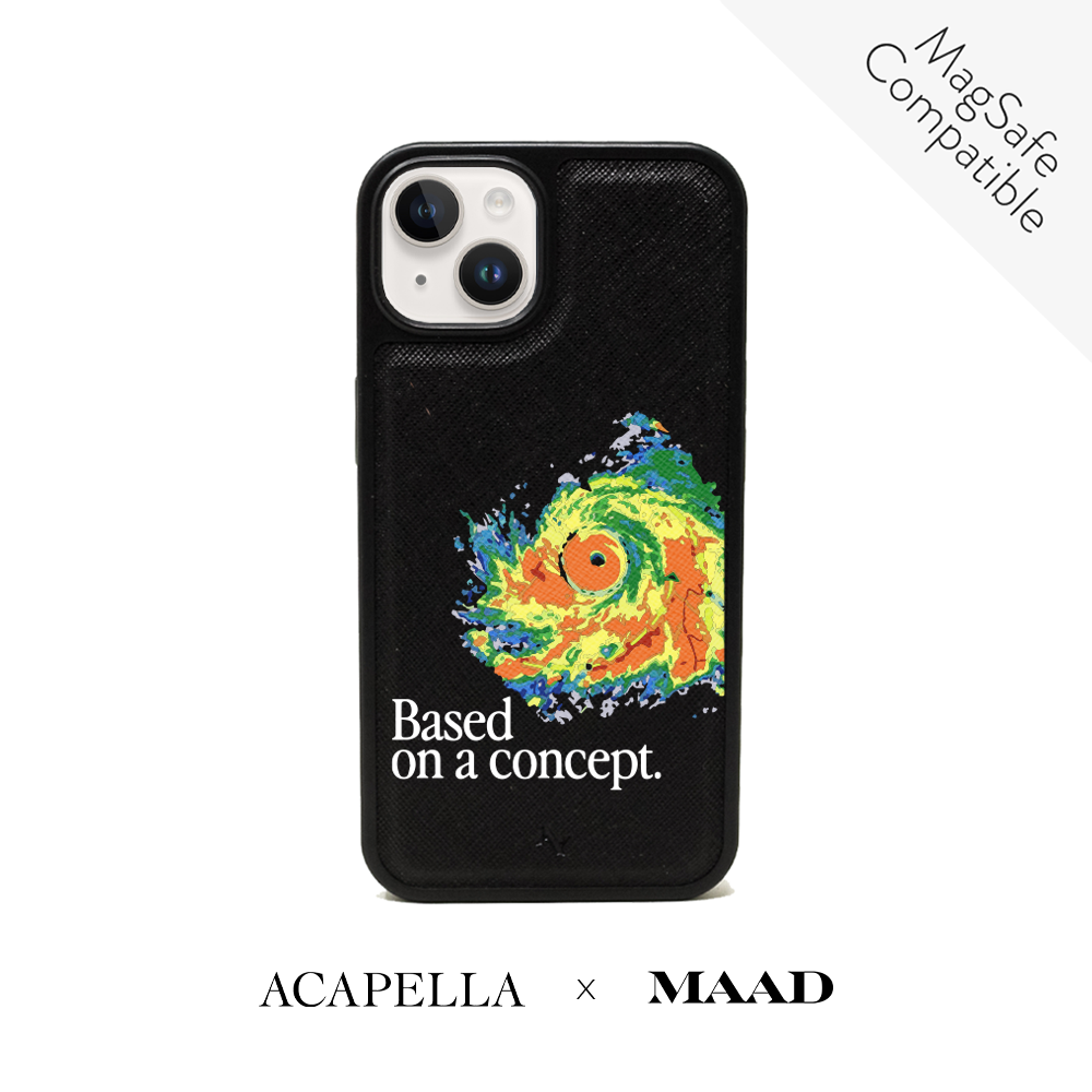 Acapella x MAAD Hurricane Black Leather Case for iPhone 14 Plus, featuring vegan saffiano leather and a soft rubber rim.