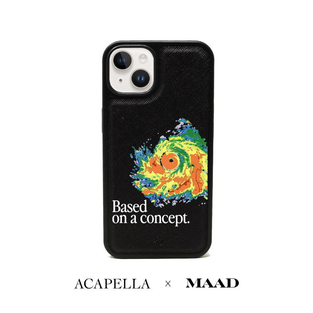 Acapella x MAAD Hurricane Black Leather Case for iPhone 14 Plus, featuring vegan saffiano leather and a soft rubber rim.