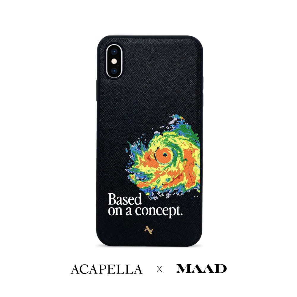 Acapella x MAAD Hurricane Black Leather Case for iPhone XS MAX, featuring saffiano leather and customizable typography.