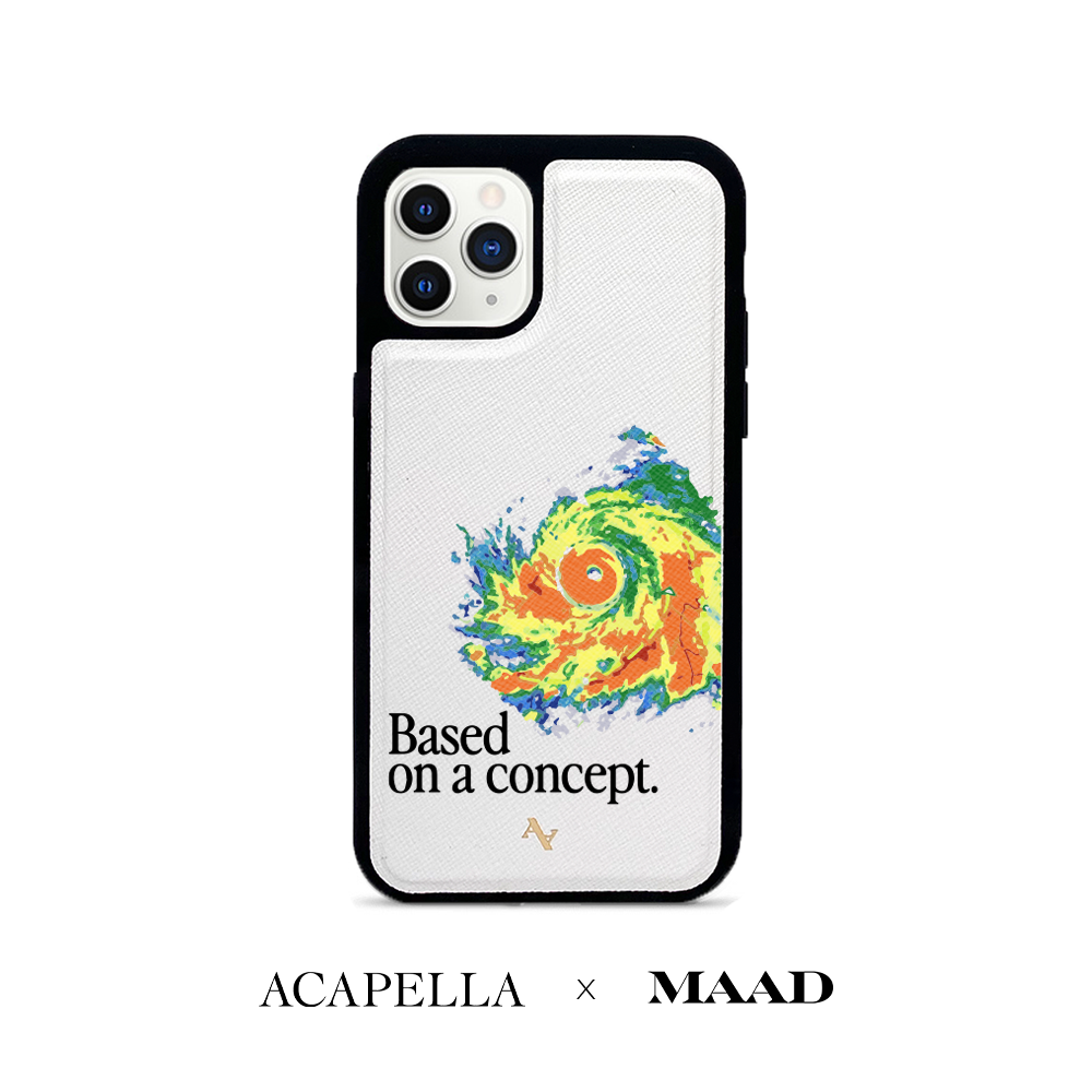 Acapella x MAAD Hurricane White Leather Case for iPhone 11 Pro, showcasing saffiano leather and rubber rim.